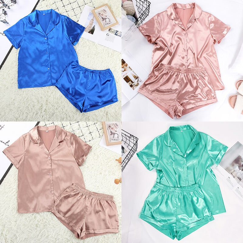 HiLoc Solid Satin Sleepwear Silk Pajamas Set Top And Shorts Two Piece Set Pyjamas Women Pajama Short Sleeve Home Suit Casual