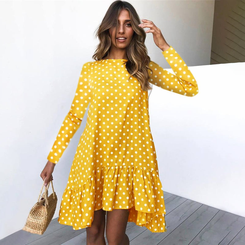 Lossky Women Spring Dress Fashion Polka Dot Print Ladies Casual Clothing Long Sleeve Mini Short Loose Yellow Dresses 2022 Autumn