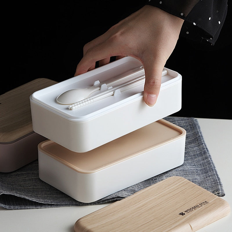 Fiambrera de doble capa para microondas, caja Bento de estilo madera, contenedor portátil sin BPA