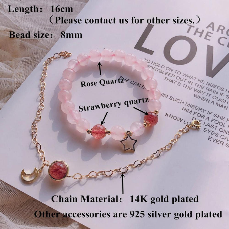 Natural Stone Beaded Bracelets for Women Moonstone Rose Quartz Energy Bracelet Elastical Jewelry 925 Silver 14k Gold plated Gift