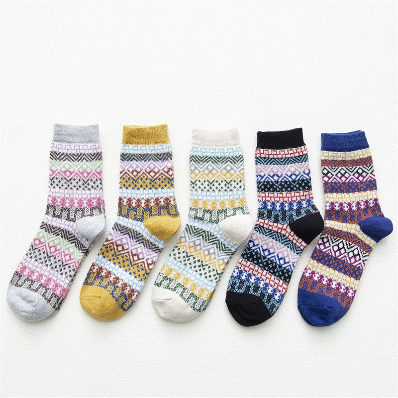 HSS Brand 5 Pairs High Quality Women Winter Socks Vintage Patchwork Rabbit Wool Sock Thicken Warm Thermal Cotton Socks