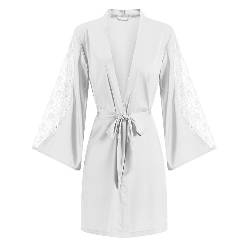 Women Sexy Robe Set Sleepwear Faux Silk Kimono Gown Lacee Lingerie Nightdress Soft Perspective Bridal Wedding Gift