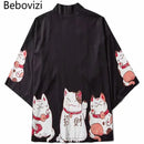 Bebovizi Japan Style Clothes Men Summer Streetwear Cat Print Kimono Cardigan Mandarin Robe Men Unisex Japanese Trend Kimonos