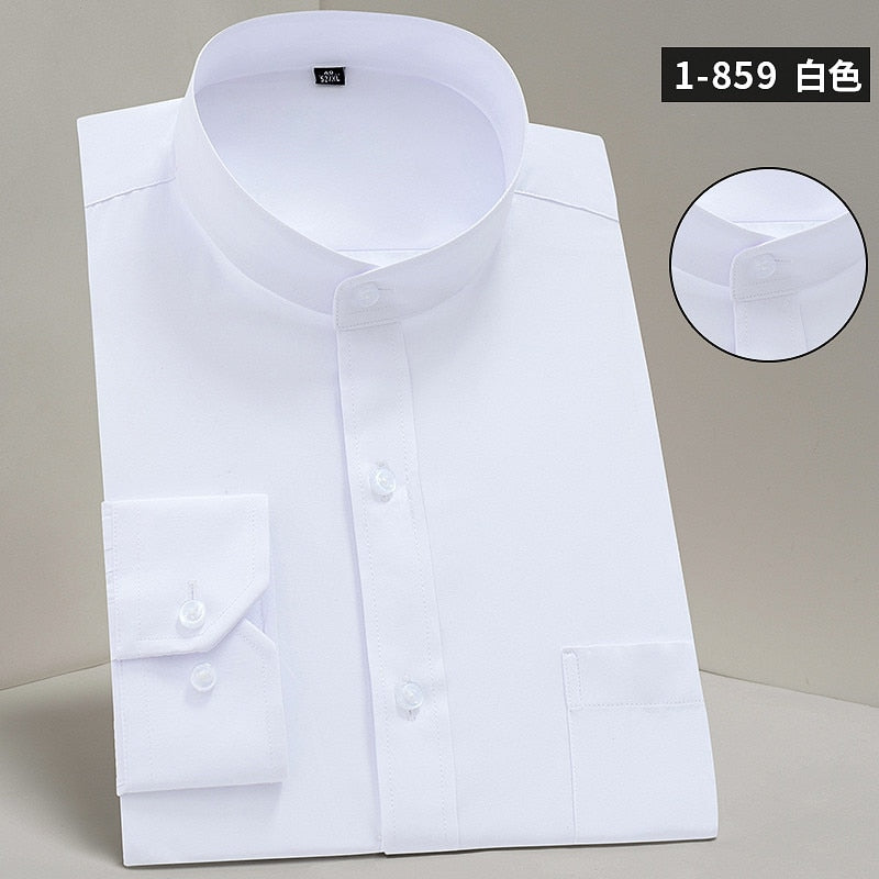 2019 Male Mandarin Collar Shirt Man White Business/Party/Forma Non-ironing Chinese Style Solid Crew Neck Single Breasted Shirt L