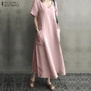 ZANZEA 2022 Women Long Maxi Summer Dress Casual Cotton Linen  Ladies Big Pockets Beach Party Robe Femme Vestidos