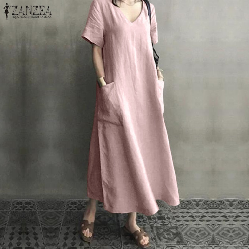 ZANZEA 2022 Women Long Maxi Summer Dress Casual Cotton Linen  Ladies Big Pockets Beach Party Robe Femme Vestidos