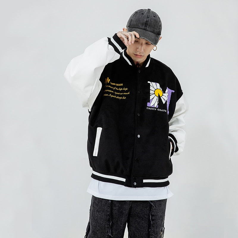 Chaqueta de béisbol bordada con toalla de margaritas y abejas de gamuza, ropa de calle informal Harajuku para hombre, moda Hip Hop, chaquetas sueltas, abrigos, 2020
