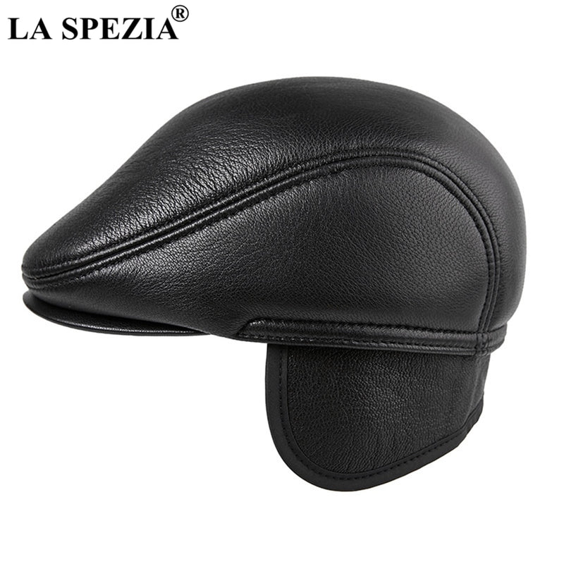 LA SPEZIA Winter Flat Caps Beret Men Black Warm Duckbill Hat Ivy Male Earflaps Thicker Genuine Leather Solid Classic Driving Cap