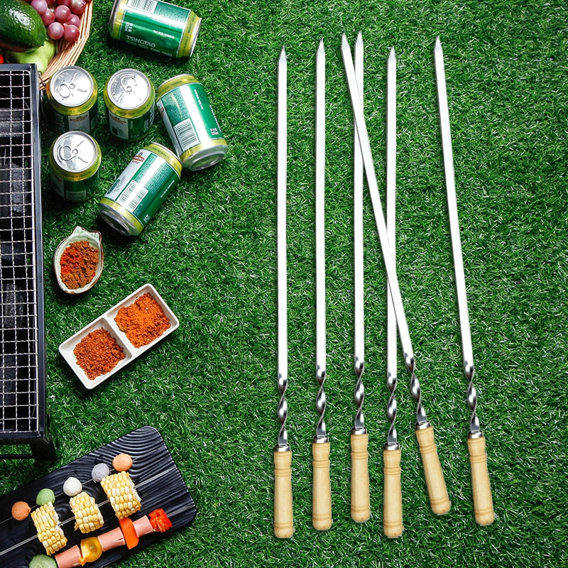 55cm 21.5&quot; BBQ Skewers Long Handle Shish Kebab Barbecue Grill Stick Wood BBQ Fork Stainless steel Outdoors Grill Needle 6-12pcs