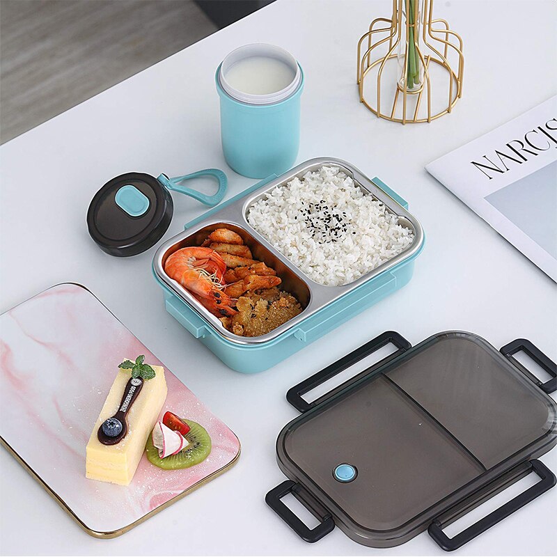 Fiambrera Bento respetuosa con el medio ambiente, a prueba de fugas, fiambrera Bento extraíble de acero inoxidable, contenedor de alimentos con Control de porciones de 2 compartimentos