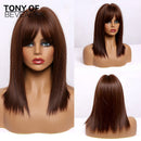 Medium Length Ombre Brown to Blonde Straight Hair Wigs with Bangs Synthetic Wigs for Women Cosplay Heat Resistant Natural Wigs