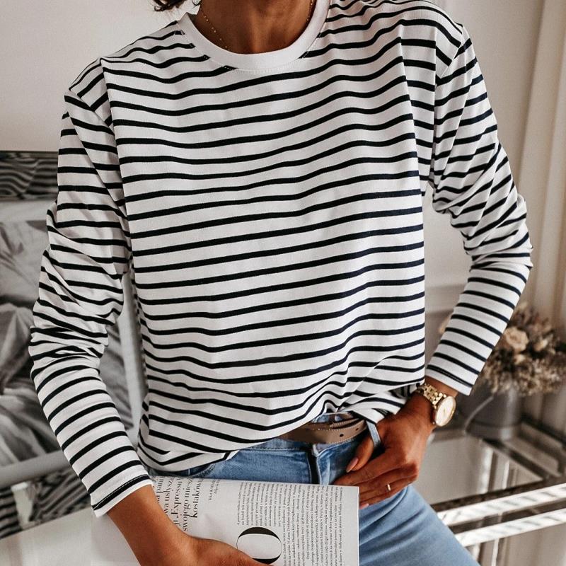 Blusa de rayas blancas y negras a la moda para mujer, camisa informal de manga larga con cuello redondo, camisa coreana suave, camiseta para mujer, otoño 2021