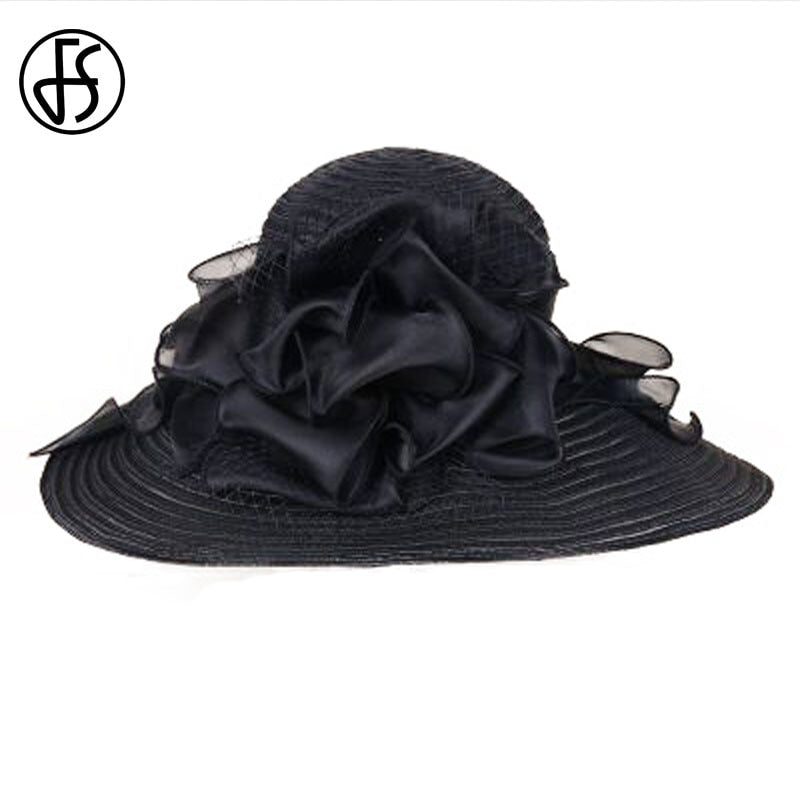 FS negro blanco elegante mujer iglesia sombreros para damas flores ala grande Organza sombrero playa sol Kentucky Derby sombrero Fedora