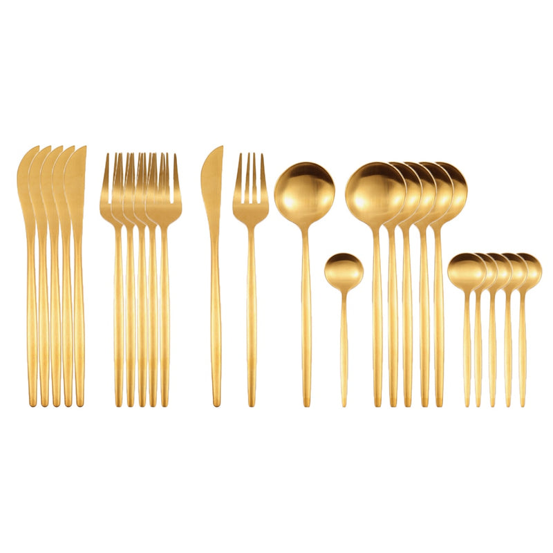 24Pcs Matte Gold Dinnerware Set 18/10 Stainless Steel Knife Fork Spoon Cutlery Set Kitchen Silverware Flatware Tableware Set