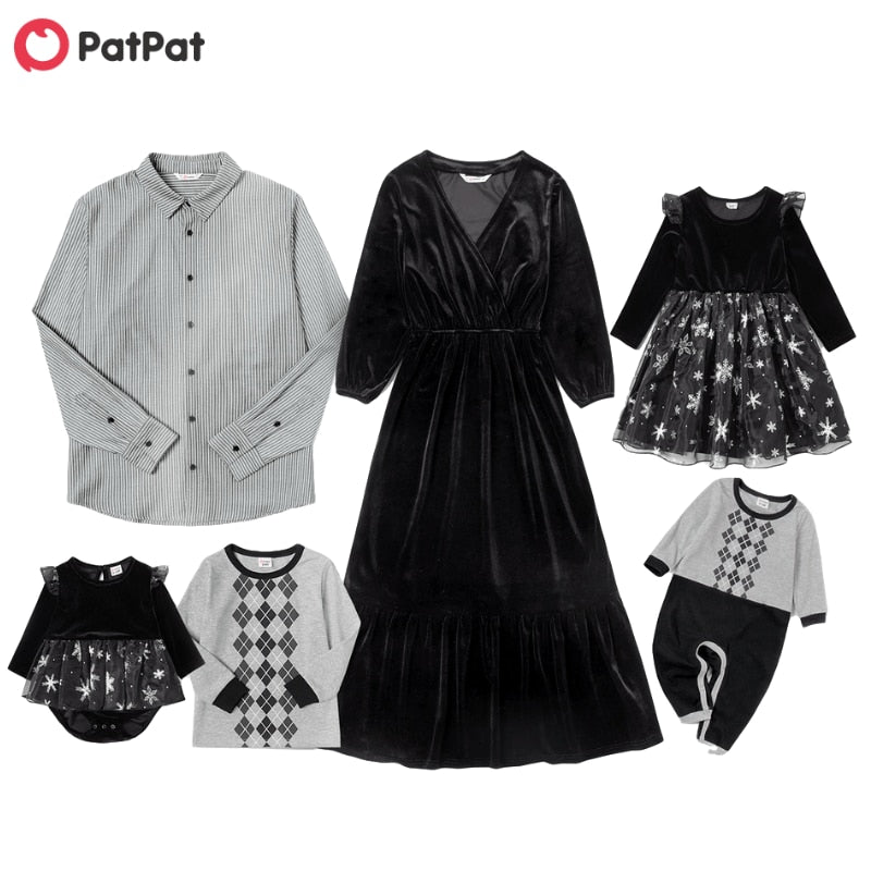 PatPat New Mosaic Cotton Family Matching Sets in Autumn Winter(Velvet Dresses-Pinstripe Shirts-Star Mesh Rompers) Family Look