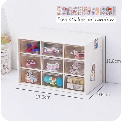 MINKYS Kawaii White/Pink 9 Grid ABS Drawer Desktop Organizer Desk Storage Box Free Sticker School Stationery Accessories