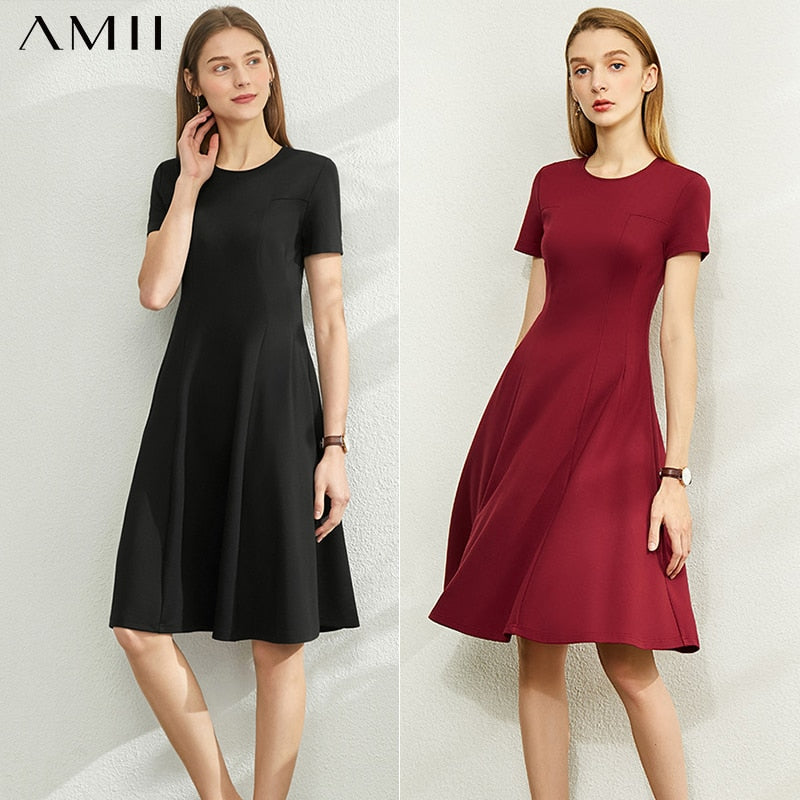 Amii Spring Summer New Causal Dress For Women Fashion Solid Oneck Slim Fit Knee-length Female Summer Dress  12060032