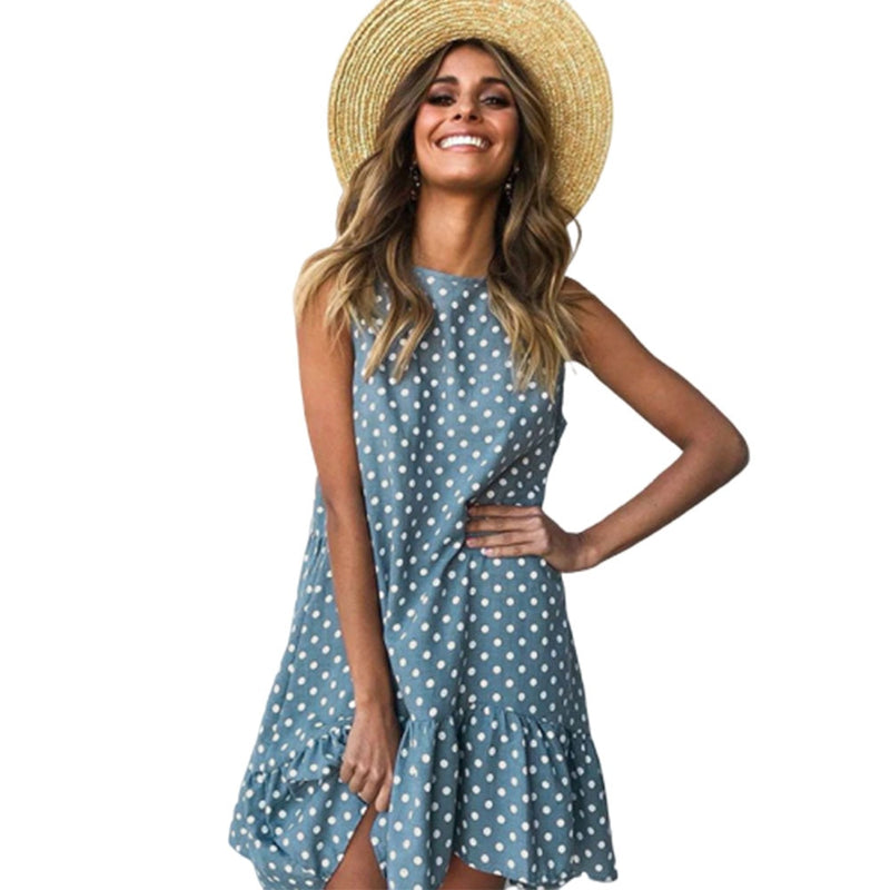 Vestido de verano para mujer, vestido de playa informal sin mangas con cuello redondo y volantes de punto ondulado para mujer, vestidos transparentes de talla grande para mujer 2020