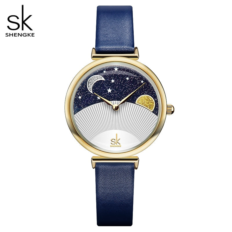 Reloj Shengke de moda azul para mujer, reloj de cuarzo de cuero para mujer, reloj de pulsera informal resistente al agua, esfera romántica con luna y estrellas