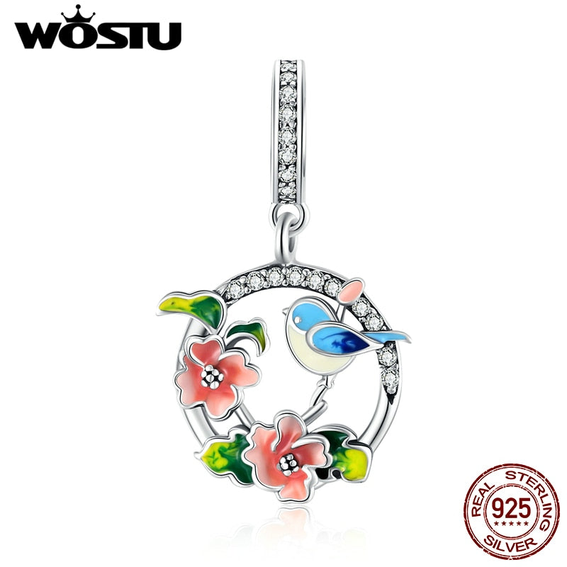 WOSTU 925 Sterling Silver Colorful Spring Charm Bird & Flower Pendant Fit Original Bracelet DIY Necklace Pendant Jewelry