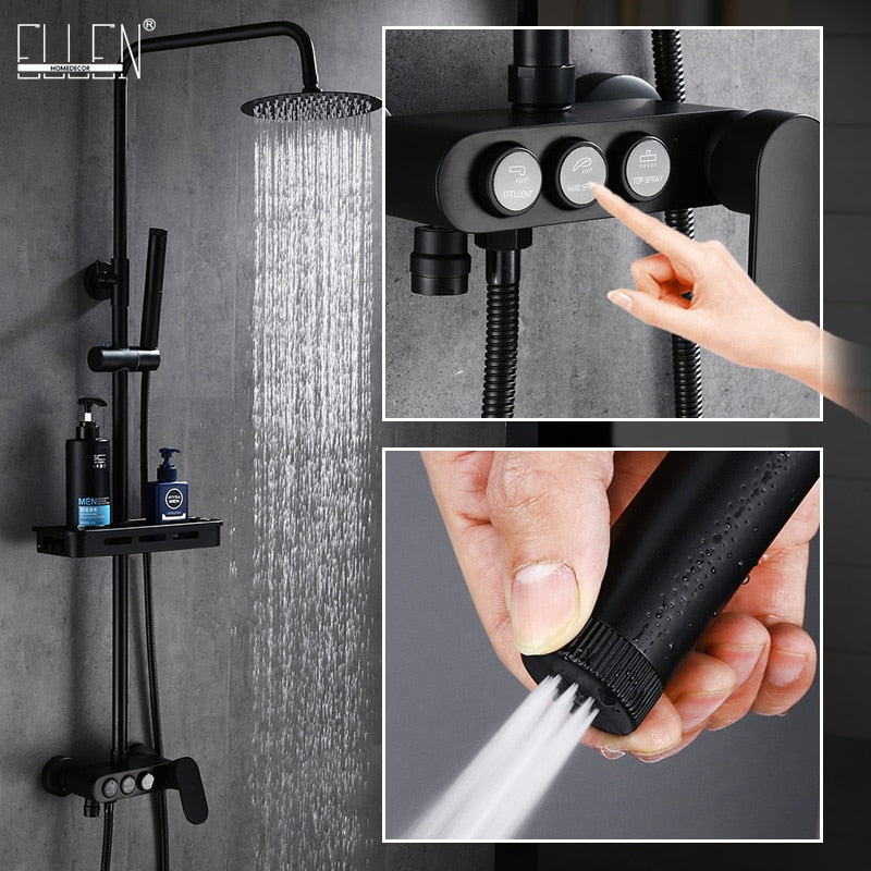 Black Rainfall Shower Faucets Set Wall Mounted Rain Shower Faucet Storage Bath Mixer Tap Hot Cold with Hand Shower EL3903