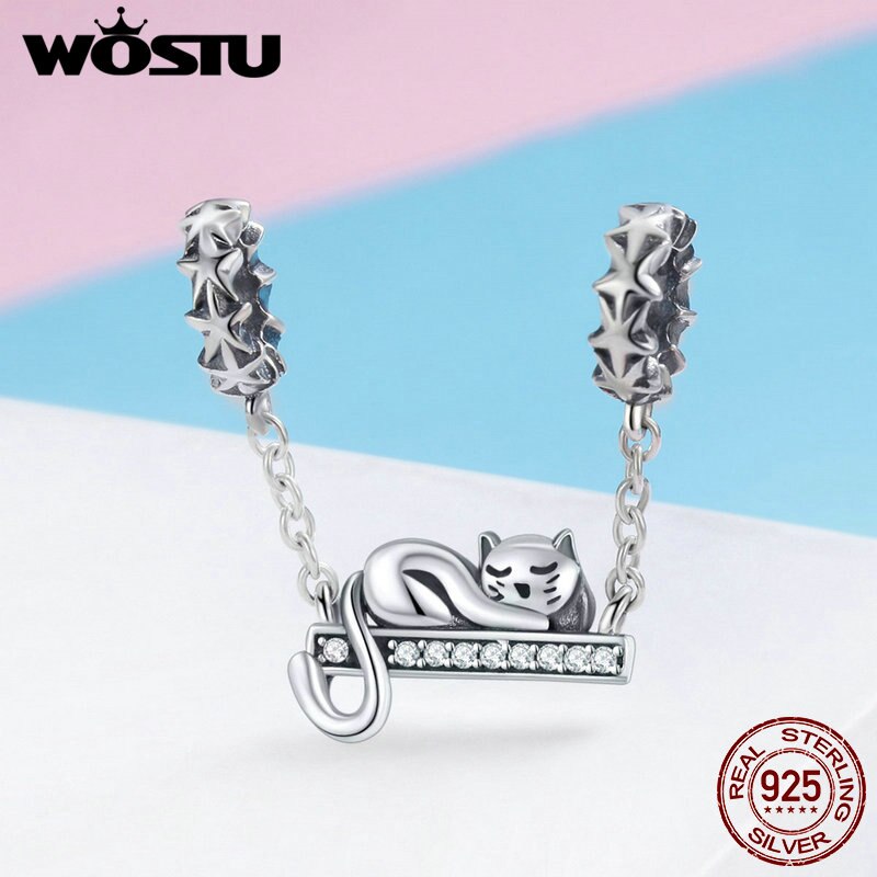 WOSTU Cute Cat Charms 925 Sterling Silver Animal Pussy Zirconia Beads Fit Original pulsera colgante DIY collar joyería