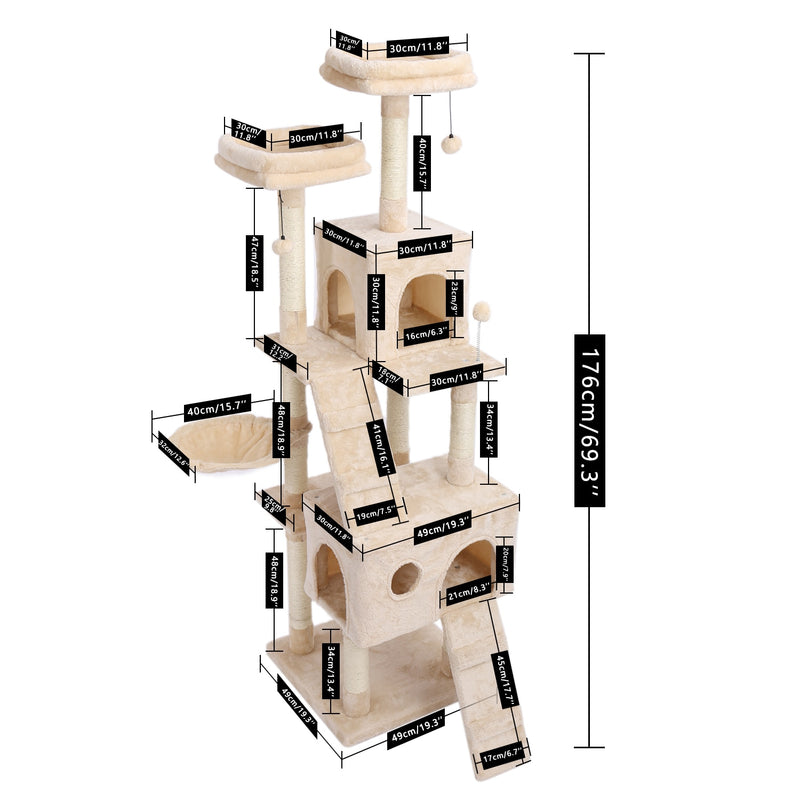 Kratzbaum, mehrstöckiger Turm mit Kratzbäumen, Katzenwohnung, Sisalpfosten, Hängematte, Aktivität, Sprungplattform mit Kugel, grau