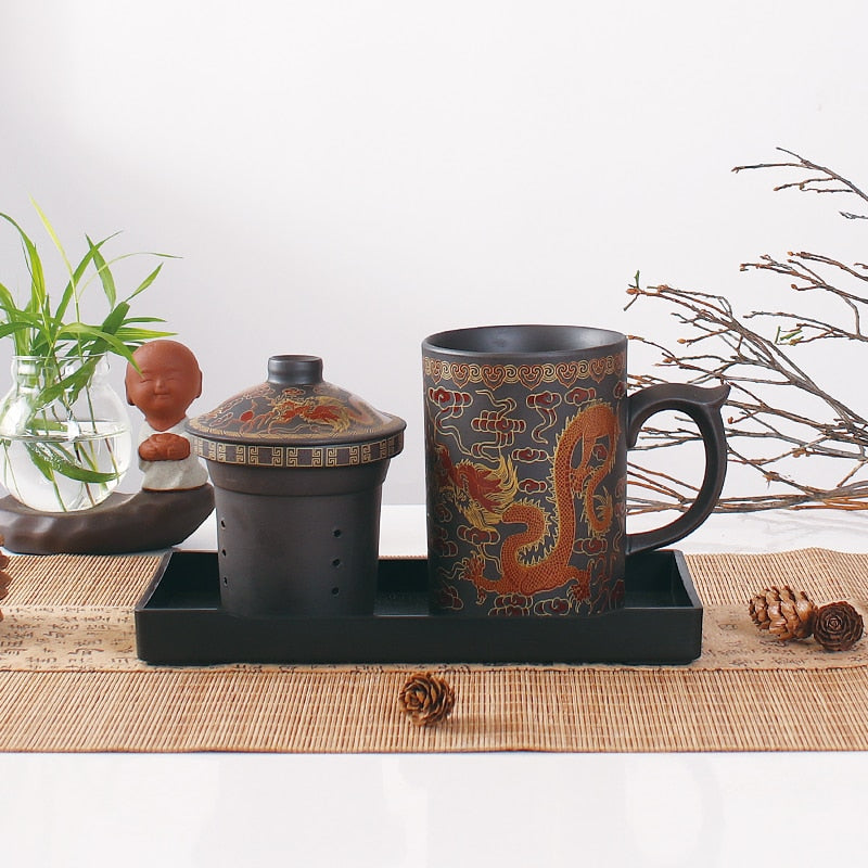 Taza de té de arcilla púrpura de dragón chino tradicional con colador de tapa taza de té Yixing hecha a mano Retro taza de regalo Zisha