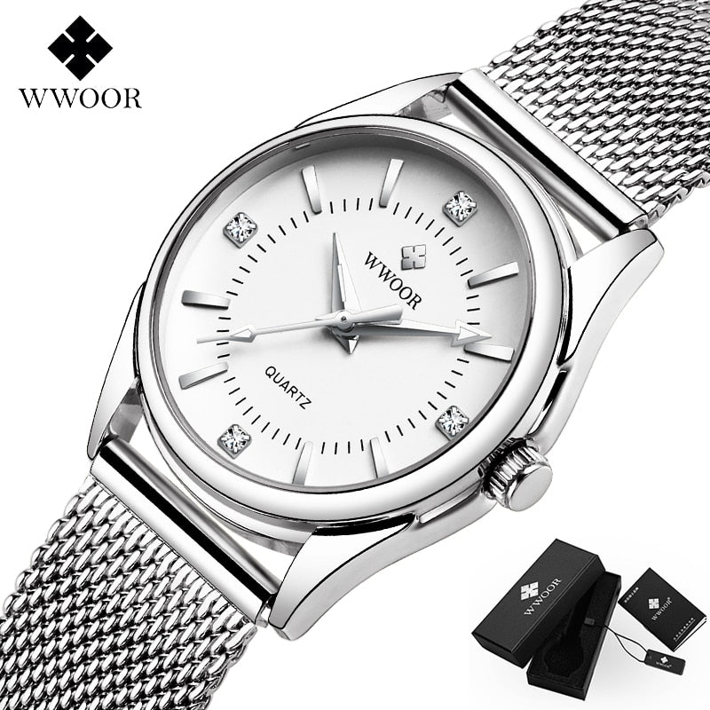 WWOOR Small Watch Women Luxury Brand Everyday Dress Bracelet Watches Silver Stainless Steel Diamond Wrist Watch For Women Clocks