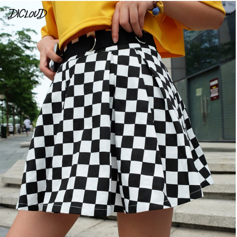 DICLOUD 2019 Pleated Checkerboard Skirts Womens Harajuku High Waisted Skirt Casual Dancing Korean Sweat Short Summer Mini Skirts