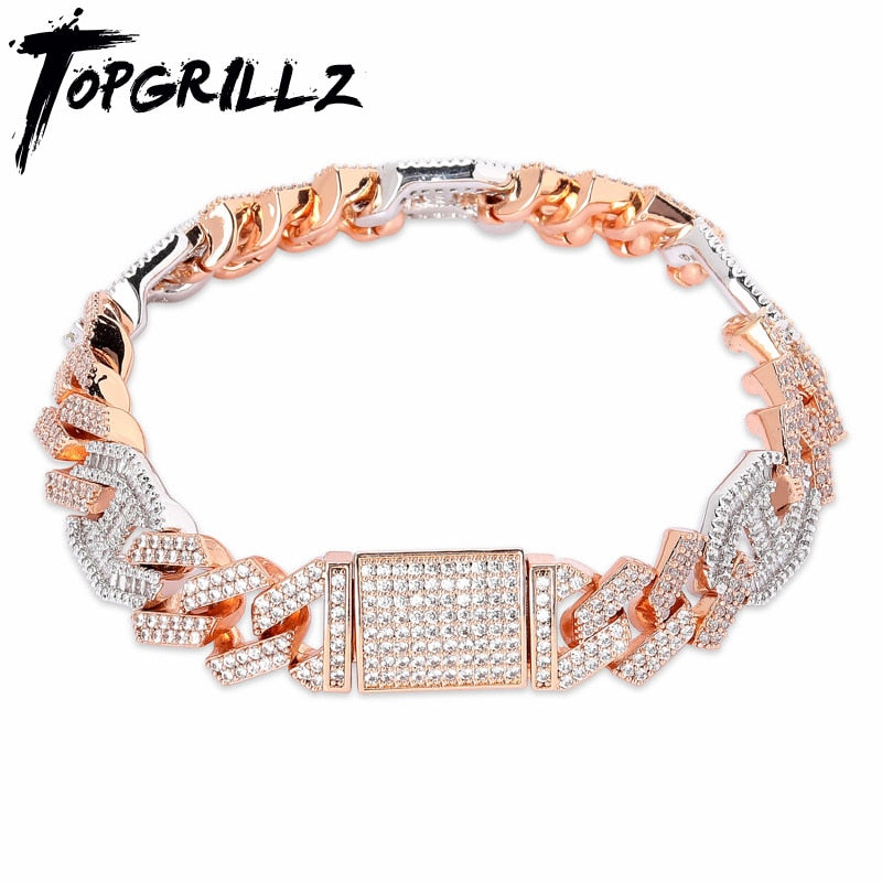 TOPGRILLZ Newest Micro paved Baguette Zircon Cuban Bracelet Iced Out Bling Hip hop Jewelry Gold Silver-plate CZ Cuban Chain 14mm