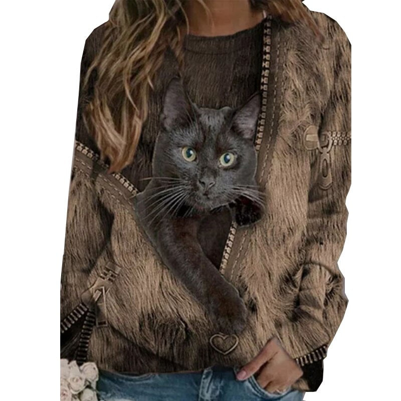 Lustige süße Katze 3D-Druck Lässige Pullover Frauen Kleidung Frühling Herbst Sweatshirts Langarm T-Shirts Dame Kleidung Mode Tops