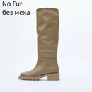 QUTAA INS Fashion Women Knee High Boots Full Cow Leather Warm Flats Thick High Heels Motorcycle Boots Woman Lady Shoes 34-43