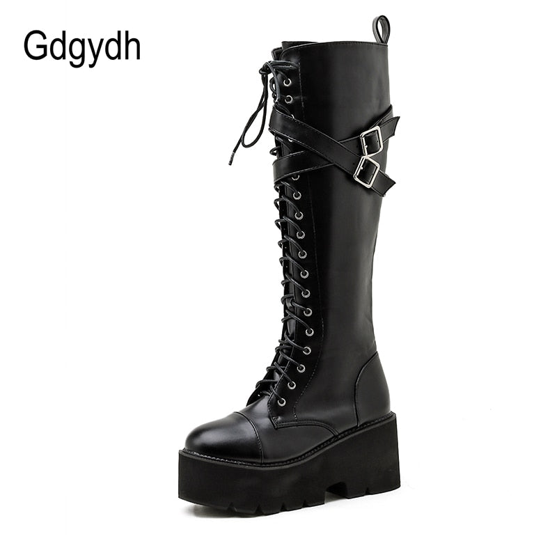 Gdgydh Fashion Women Boots Cross Strap PU Leather Autumn Winter Knee High Boots Ladies Thick Sole Platform Shoes Punk Gothic