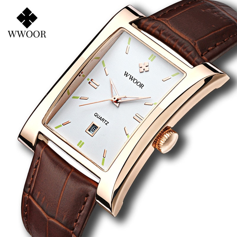 Relojes rectangulares de moda clásica para hombre de marca WWOOR, reloj de pulsera resistente al agua de cuarzo de cuero marrón dorado para hombre, relojes con calendario