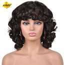 Short Hair Afro Curly Wig With Bangs Loose Synthetic Cosplay Fluffy Shoulder Length Natural Wigs For Black Women Dark Brown 14"