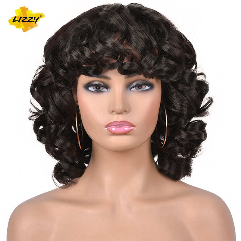 Peluca Afro rizada de pelo corto con flequillo, Cosplay sintético suelto, pelucas naturales esponjosas hasta los hombros para mujeres negras, marrón oscuro, 14"