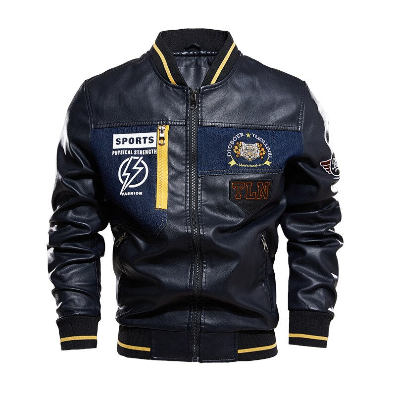 Embroidery Leather Jacket Men Winter Fleece Baseball Moto PU Jacket Male Stand Collar Casual Windbreaker chaquetas hombre Coat