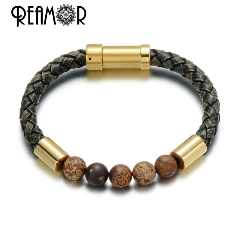 REAMOR Men Black Green Natural Stone Braided Leather Bracelets Gold Color 316L Stainless steel Embedded Clasp Bangle Jewelry