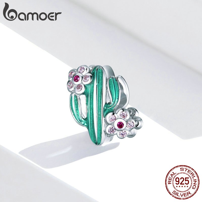 bamoer 2020 New Design 925 Sterling Silver Green Enamel Cactus with Floral Beads Charm for Original Silver Bracelet BSC261