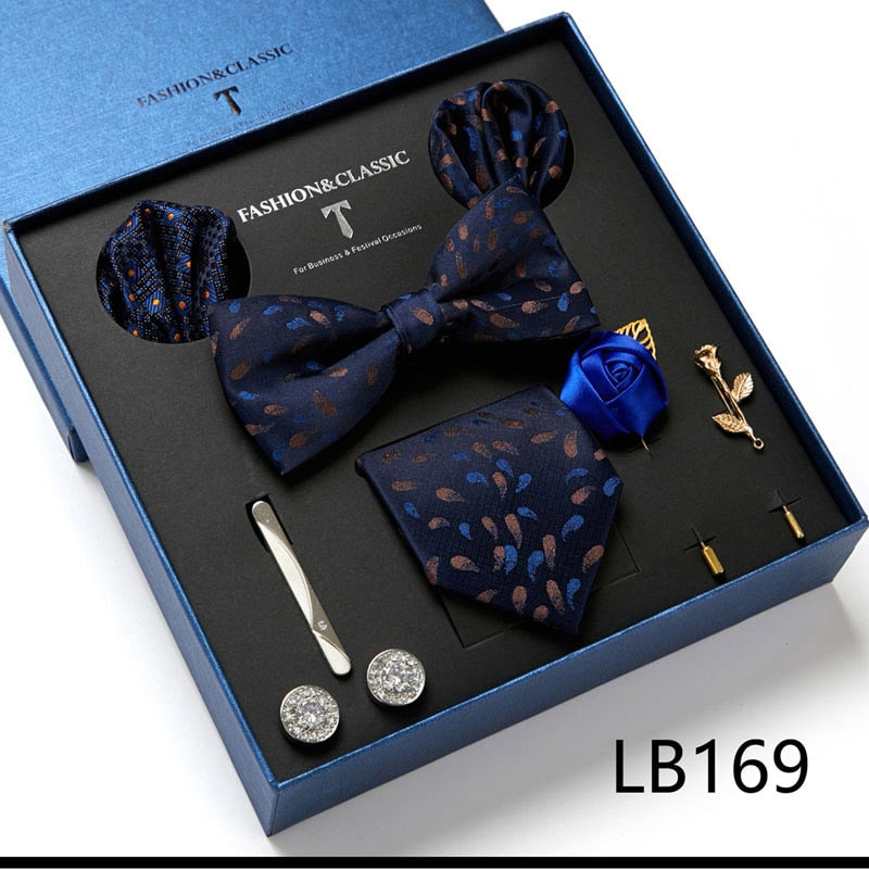 Envío Gratis, conjunto de corbata para hombre, caja de regalo de lujo, conjunto de corbata de seda, 8 Uds., embalaje interior, regalo festivo, pañuelos de bolsillo