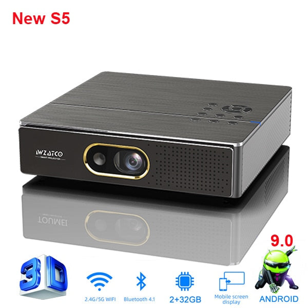 WZATCO S5 Tragbarer Mini-DLP-3D-Projektor 4K 5G WIFI Smart Android9.0 für Heimkino-Beamer Full HD 1080P-Video-Laserprojektor