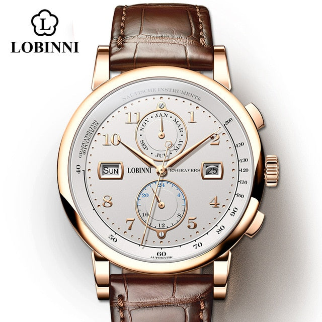 LOBINNI Business Watch Top Brand Luxury Fashion Man Leather Waterproof 50M Male Mechanical Wristwatch with Date Display Watches