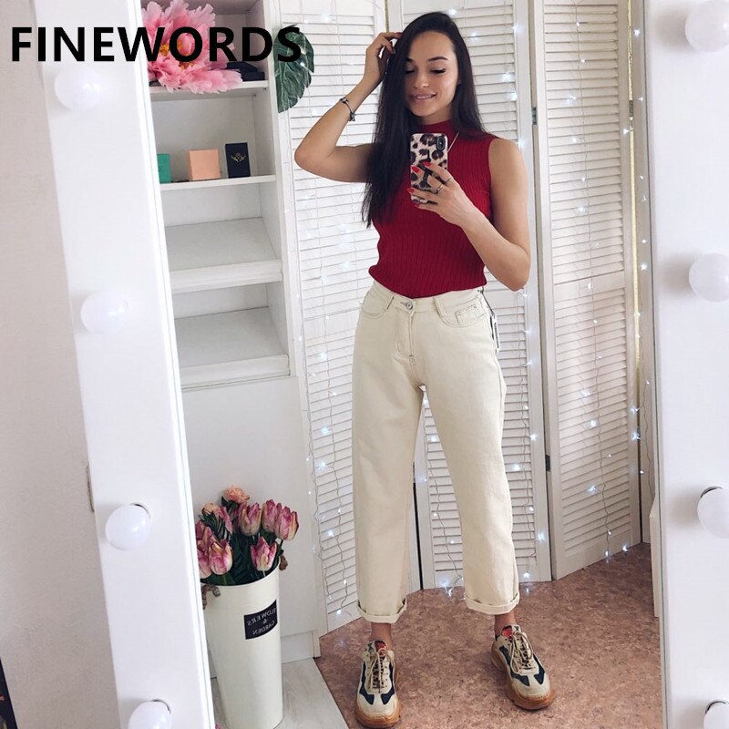 FINEWORDS Otoño Coreano Albaricoque Harem Boyfriend Jeans Mujer Beige Jeans Vintage Casual Pierna ancha Corte de bota Pantalones de mezclilla