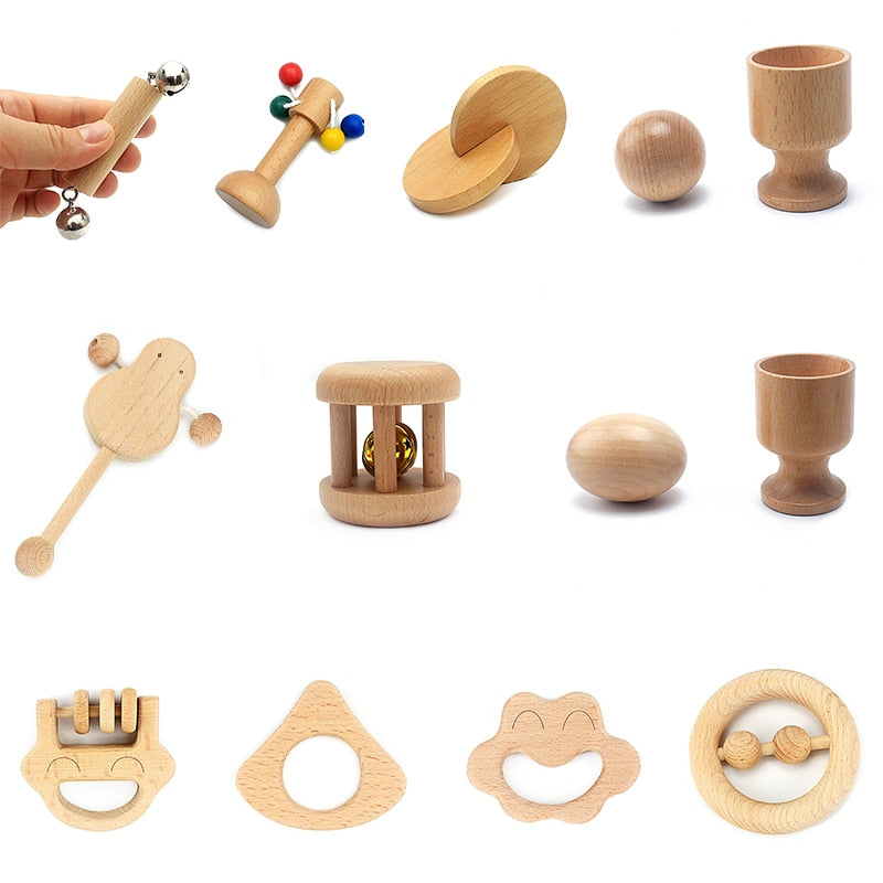 Montessori Newborn Infant Toys Wooden Object Fitting Exercise Hand Grasped Toy Egg Cup Cube Box Baby Bed Bell Rattle Vocal Gift