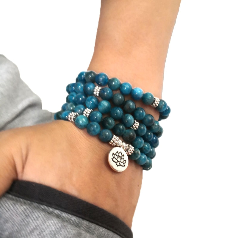 Mala Bracelets Revelation In Natural Apatite 8MM 108 Beads Bracelets Yoga Meditation Lotus Pendant Charm Jewelry