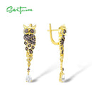 SANTUZZA Silver Earrings For Women 925 Sterling Silver Gold Color Sparkling Chocolate CZ Creative Owl Drop Earrings Fine Jewelry