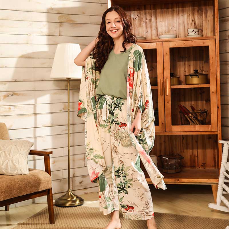 Autumn Ladies Pajama Set Cotton Satin 4Pcs Set Cardigan+Vest+Pants+Shorts Floral Printed Elegant Femme Tender Sleepwear Homewear