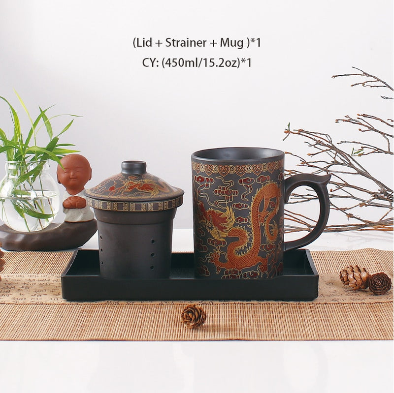 Taza de té de arcilla púrpura de dragón chino tradicional con colador de tapa taza de té Yixing hecha a mano Retro taza de regalo Zisha