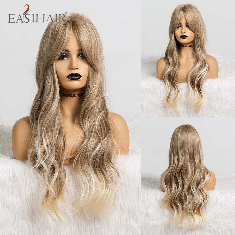 EASIHAIR Lange hellblonde Perücken im Ombré-Stil mit natürlichen Wellen, hitzebeständig, synthetische Perücken, Mittelteil, Cosplay-Perücken für Frauen